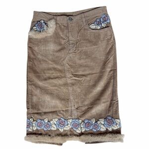 Italian Take Two Faux Suede Beaded Embroidered Fur Trimmed Midi Pencil Skirt